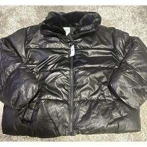 GAP Women's XL Black Puffer Jacket Short Coat Water Resistant Faux Fur Collar‎